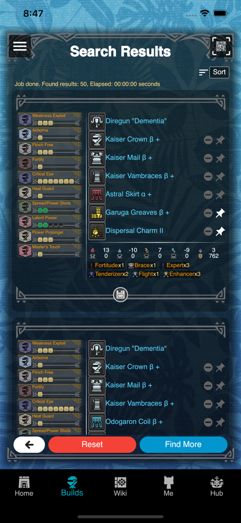 GameCat: MHW - Build search results interface in GameCat MHW app showing equipment lists and skill bonuses