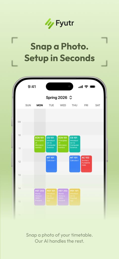 Fyutr - Student Calendar - Emploi du temps hebdomadaire sur l'application Fyutr avec des cours codés par couleur et une fonction de photo pour importer.