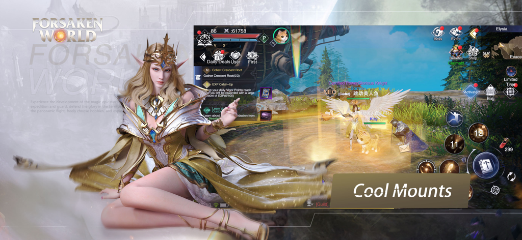 Diosa elfa de fantasía y pantalla de juego móvil de Forsaken World Gods and Demons