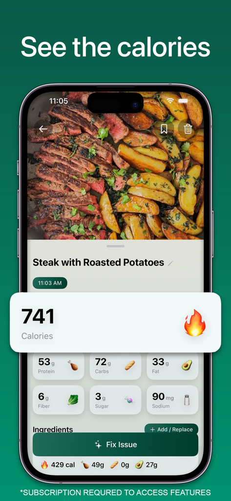 Clair - AI Calorie Tracker - Interfaz de la aplicación Clair AI que muestra un desglose nutricional de calorías y macros para una comida de filete y patatas.