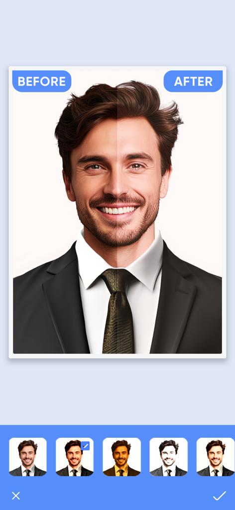 Passport photo maker - AI app - Before and after comparison of a passport photo using AI filters and enhancement tools