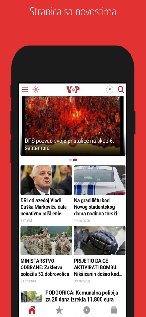 VOP mobile app news feed featuring local news from Podgorica and Montenegro