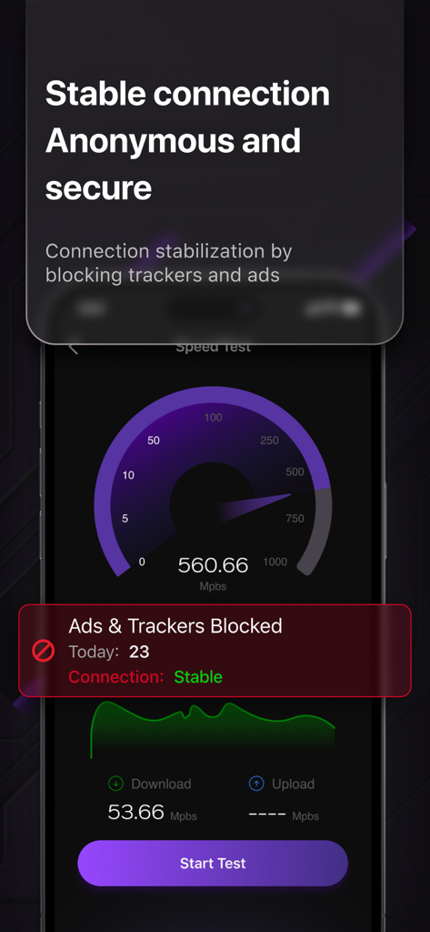 Security from Hacks & Spyware - A smartphone screen displaying the Netrify app with a network speed test gauge and a summary of blocked ads and trackers.