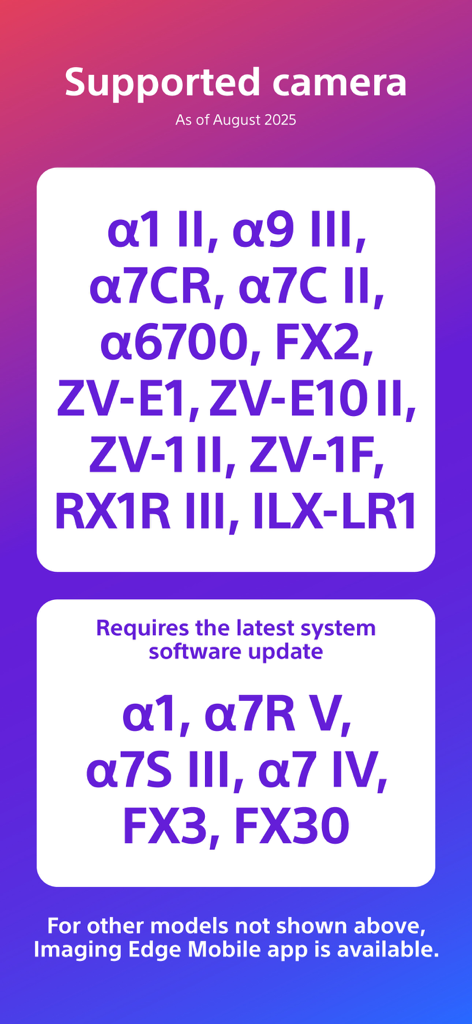 List of compatible Sony camera models for the Creators App