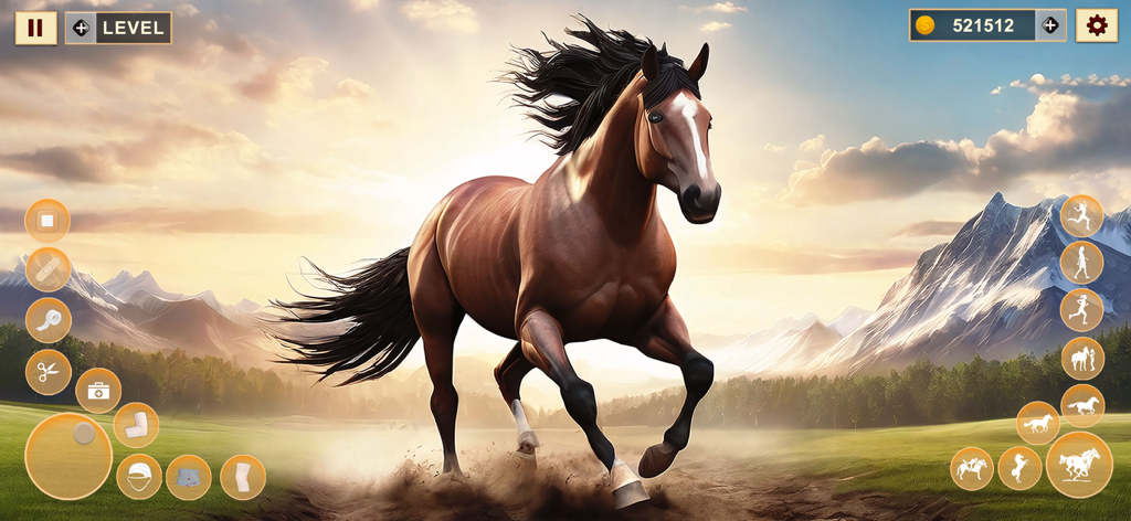 A brown horse galloping across a scenic mountain landscape at sunset in the Horse Racing Riding Tales mobile game.