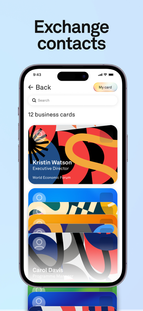 Forum Live - Digital business card exchange interface in the Forum Live app for professional networking.
