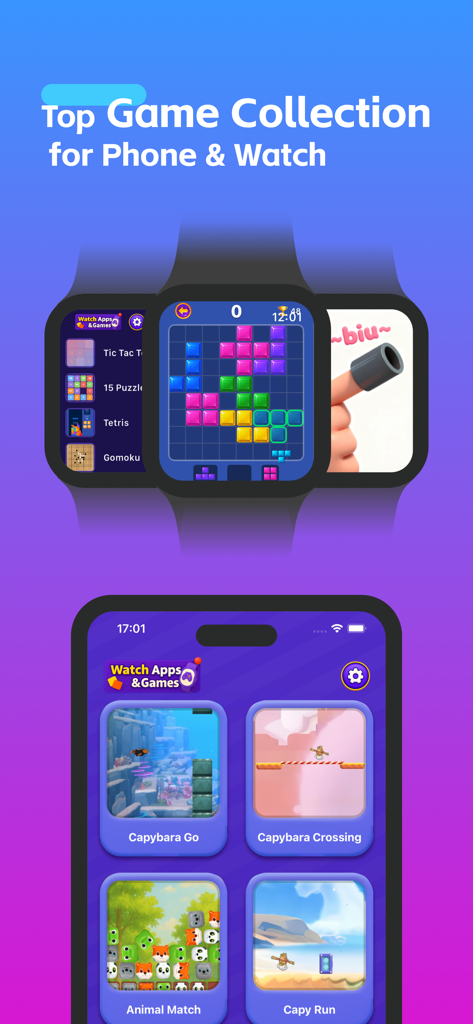 A collection of offline games for Apple Watch and iPhone featuring Capybara themed puzzles and classic games.