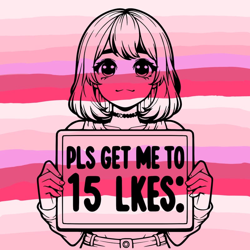realistic girl holding up a sign that says “pls get me to 15 likes!”