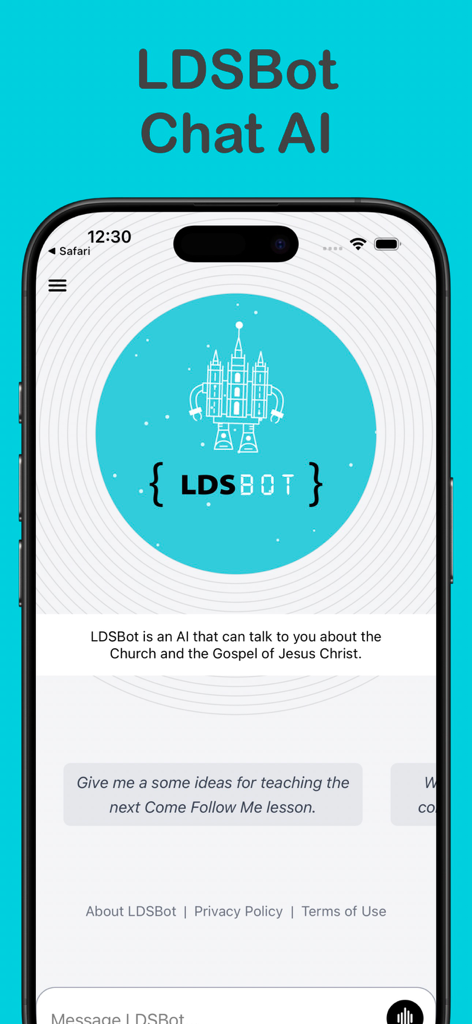 LDSBot - Interfaz de la aplicación de chat de IA LDSBot que muestra un logotipo de robot inspirado en un templo y una indicación para las lecciones del Evangelio de 'Ven, sígueme'.