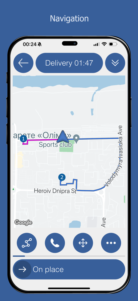 RegSat - Interface de mapa de navegação do aplicativo RegSat mostrando um mapa de rota e status de entrega para motoristas de táxi.