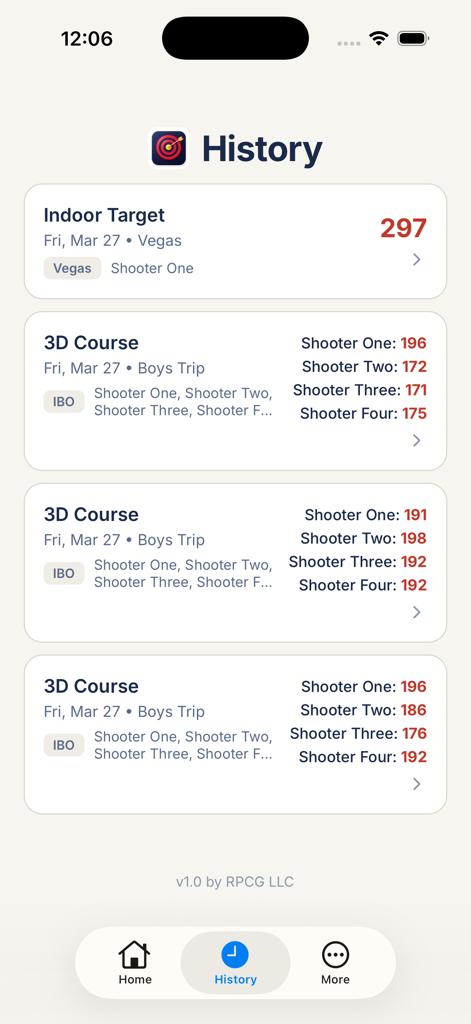 ShootOff Archery - The History screen of the ShootOff Archery app displaying past indoor and 3D course scores for multiple archers.