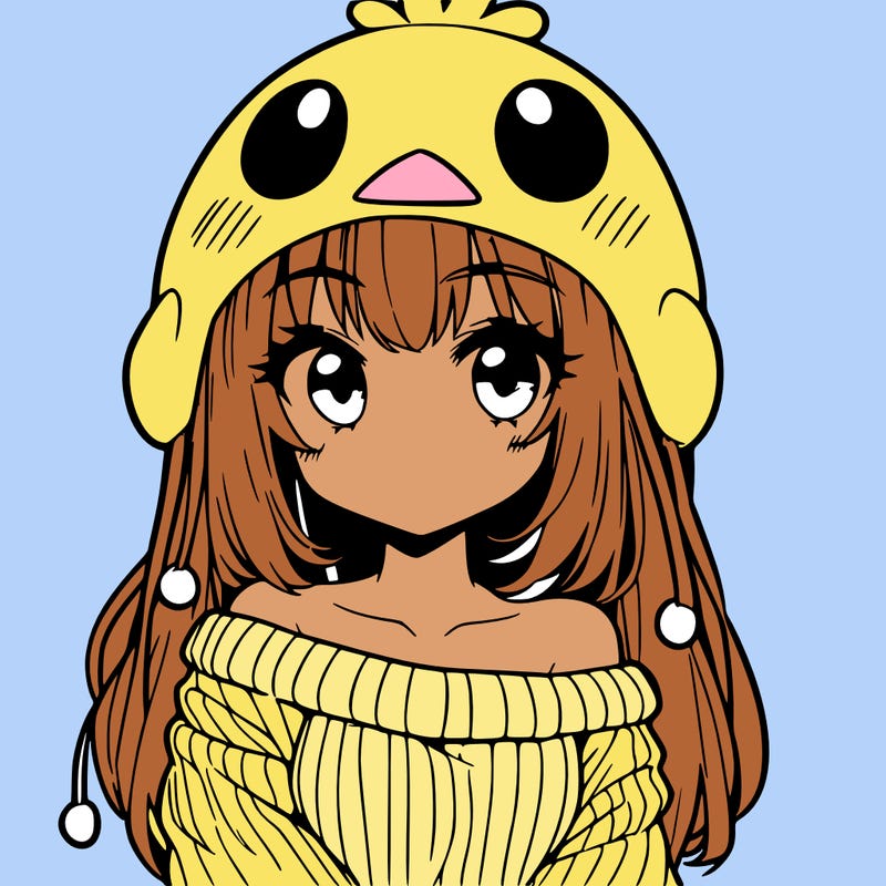 anime girl with chick shaped hat with sweater with bare shoulders with bangs covering them one eye with low tail