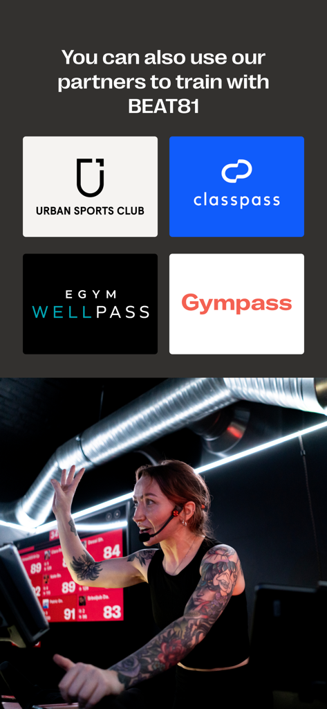 BEAT81 fitness partner logos including ClassPass and Gympass with a coach leading a HIIT class