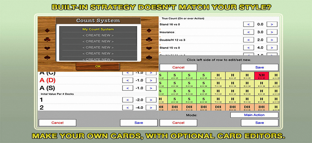 Blackjack 21 Pro Multi-Hand - Interface for customizing card counting systems and strategy cards in the Blackjack 21 Pro simulator.