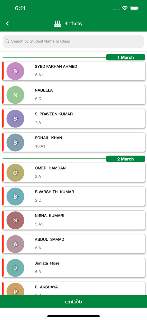CampusCare - A screen from the CampusCare app displaying a list of student birthdays grouped by date