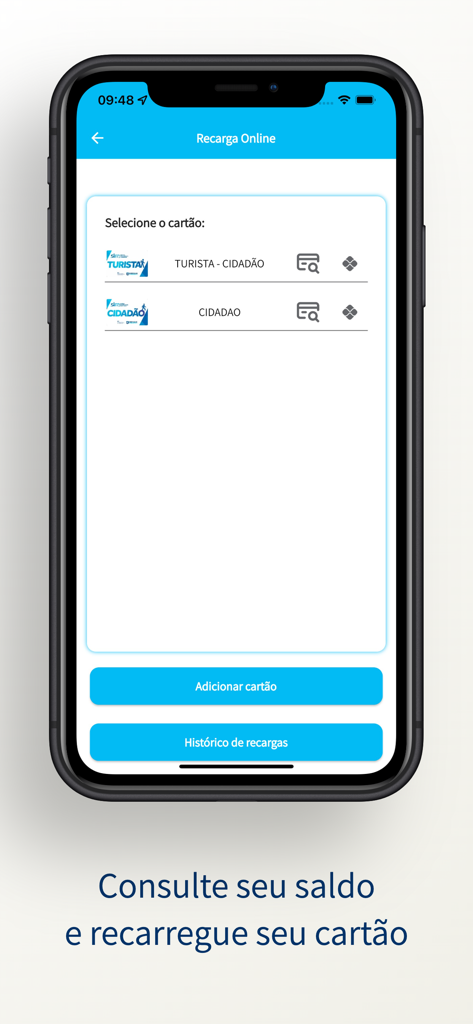 Interface do aplicativo Floripa no Ponto mostrando a tela de recarga online para cartões de transporte