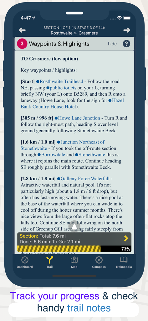 TrailSmart app interface displaying detailed hiking waypoints and a section progress tracker.