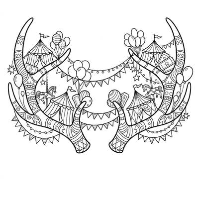 Immerse yourself in a festive fusion of nature and spectacle with this unique coloring page. Delicate reindeer antlers are transformed into a vibrant carnival scene, ready for your artistic touch.