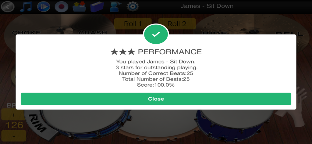 Learn Drums - Drum Kit Beats - Performance summary screen in the Learn Drums app showing a 100 percent score and three stars for a completed drum lesson.