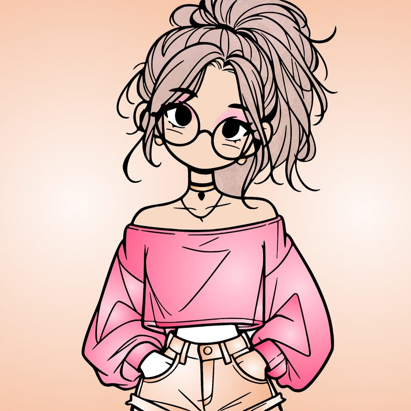 girl with a messy ponytail glasses a baggy crop top and jean shorts