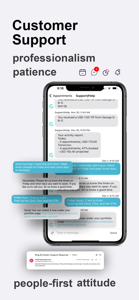 Ring My Stylist: Booking App - Smartphone screen showing a customer support chat interface within the Ring My Stylist app for beauty professionals