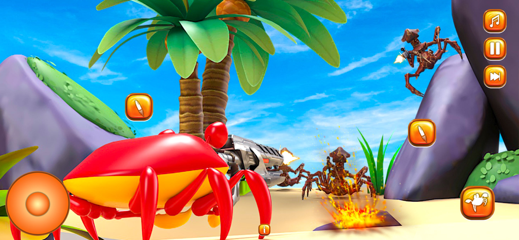 Crab Fight Gun Shooting Games - Cangrejo rojo empuñando un gran arma en una batalla playera contra otros cangrejos.