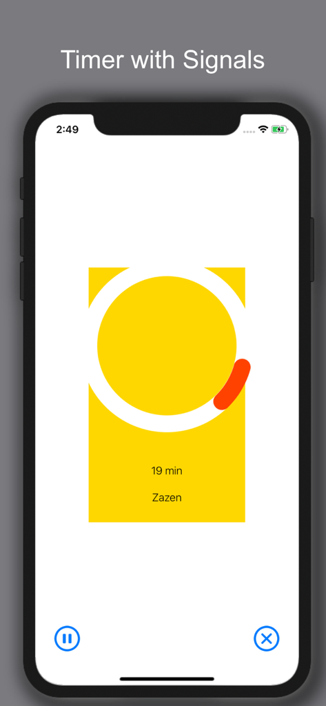 Simple Sinus Zazen Timer - Minimalist meditation timer interface for Zazen showing 19 minutes remaining on a yellow background.