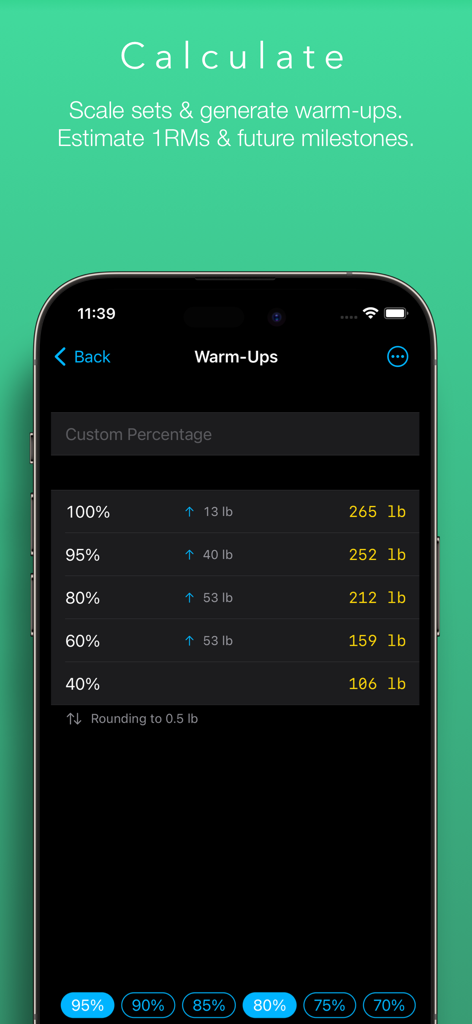 Lift Assist – Training Log - Écran du calculateur d'échauffement dans l'application Lift Assist montrant les pourcentages de poids et les poids calculés en livres.