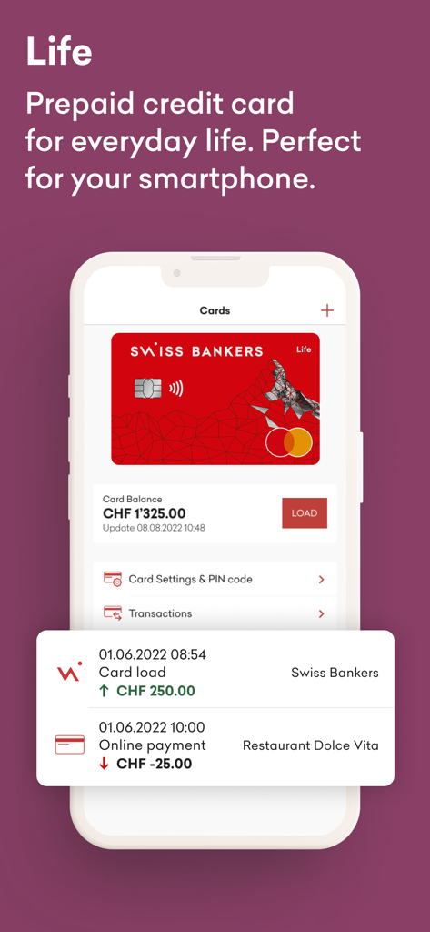Swiss Bankers - Swiss Bankers app interface displaying a red Mastercard prepaid card and recent transaction history