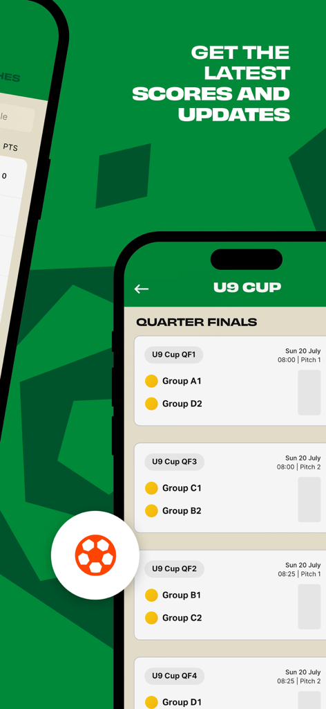 Maxim Cup - Maxim Cup app screen displaying latest scores and updates for youth football tournament quarter finals
