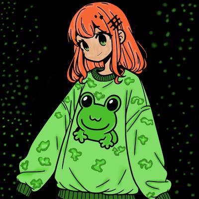 girl wearing frogging sweatshirt