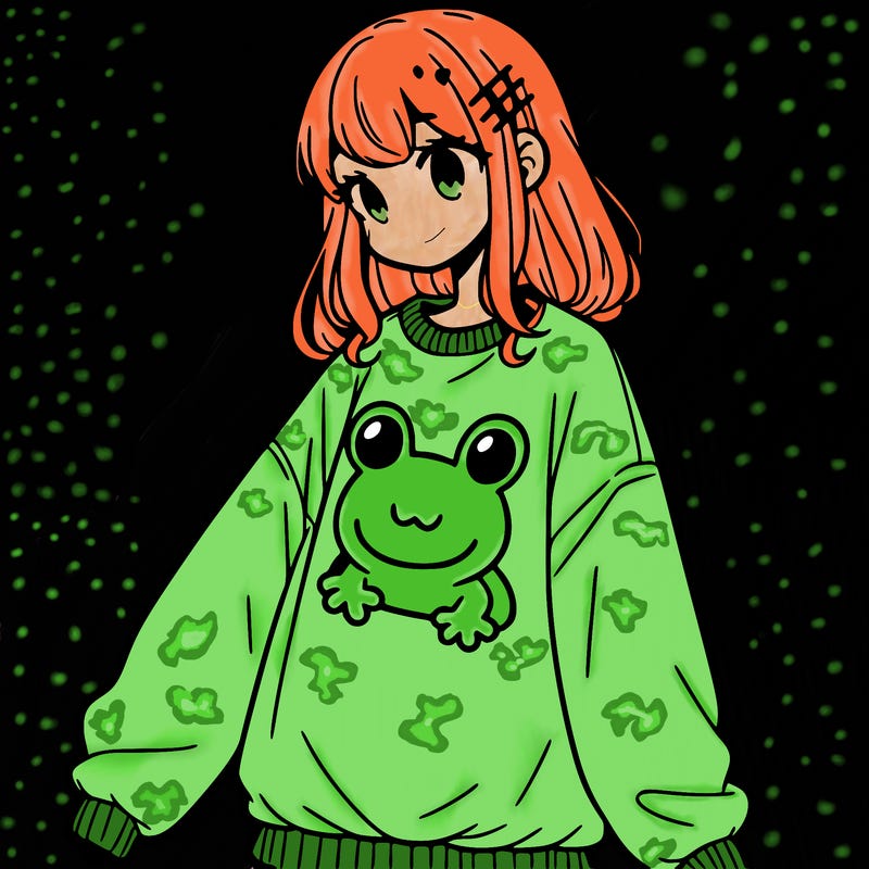 girl wearing frogging sweatshirt