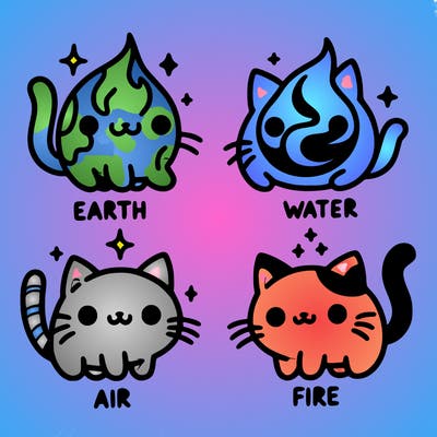4 cats that represent the different elements, earth, water, air, and fire