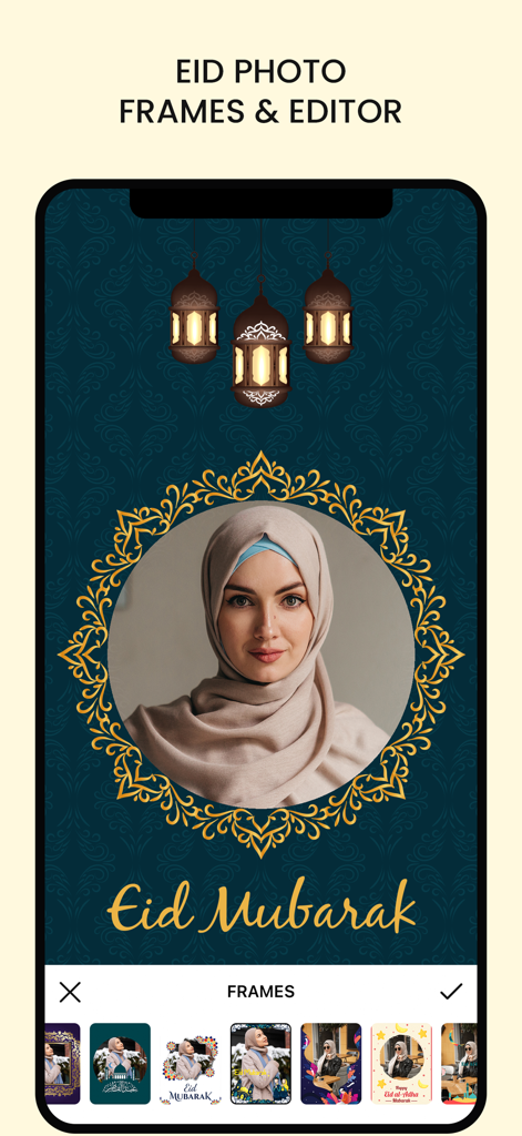 Eid & Ramadan Photo Frames - Mobile app interface showing a photo of a woman in a hijab inside a golden festive frame with lanterns and Eid Mubarak text
