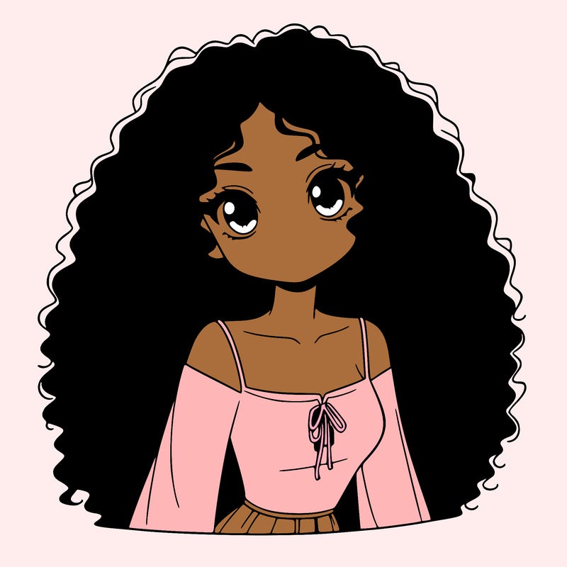 a black anime girl with long afro hair