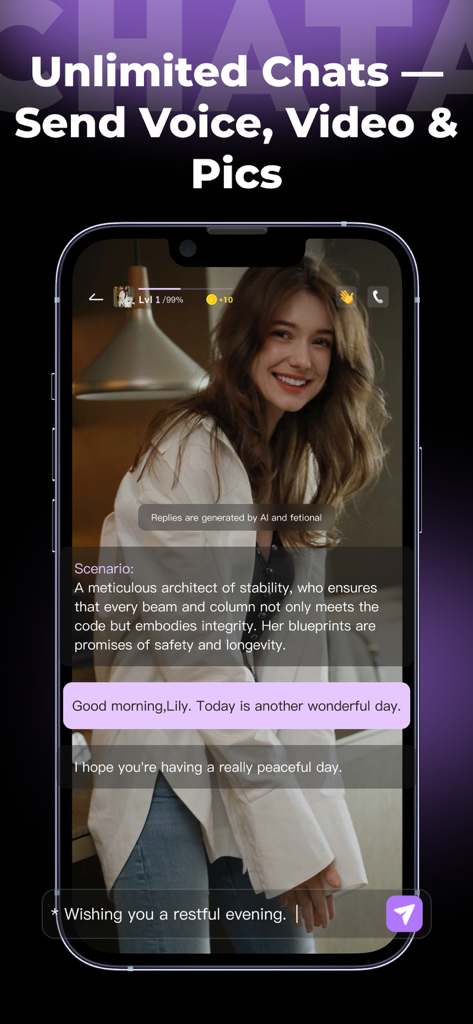 Chata-Fantasy AI Roleplay - Interface of Chata app showing a conversation with an AI companion character named Lily