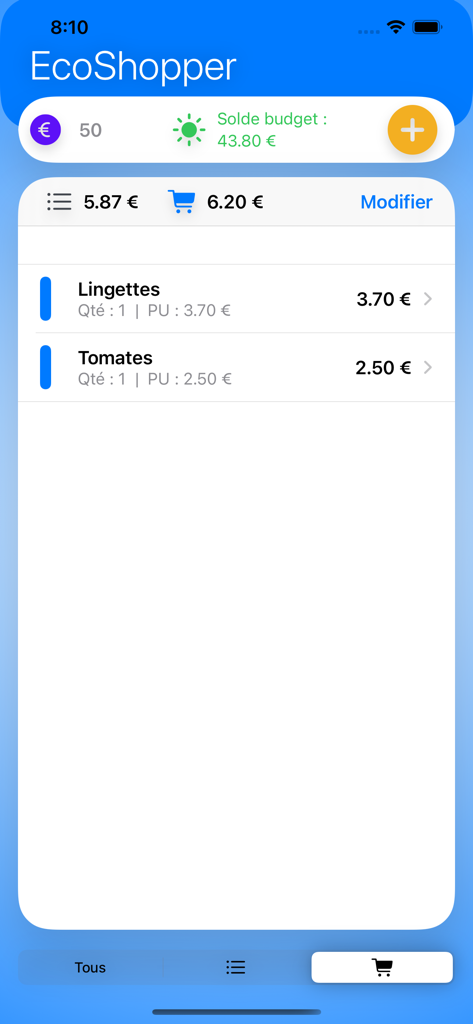 EcoShopper - EcoShopper app interface displaying a shopping cart list with real-time budget tracking and itemized costs for groceries