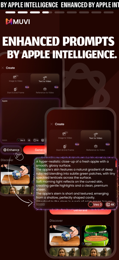 AI Video Maker & Editor - Muwi - Muwi app interface showing AI enhanced prompts for high quality video generation.