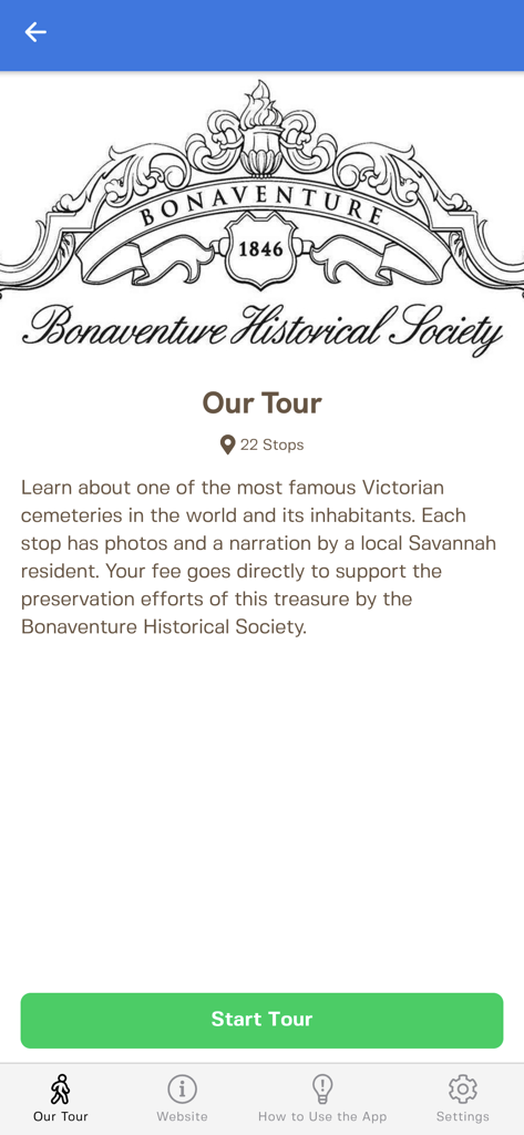Bonaventure Cemetery Tours app home screen showing the tour overview and start button