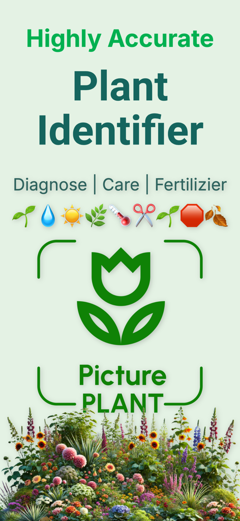 Tela promocional do aplicativo Identificador de Plantas Picture Plant destacando recursos de diagnóstico, cuidados e fertilização com um fundo de jardim florido.