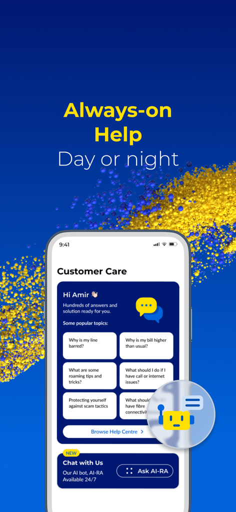 CelcomDigi app customer care screen with AI chatbot and help topics