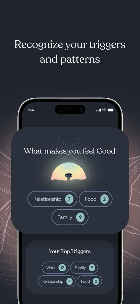 Mood AI - Daily journal - Screenshot der Mood AI App-Oberfläche, die emotionale Auslöser und Muster wie Arbeit, Familie und Beziehungen zeigt