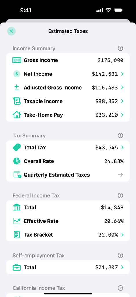 A mobile app interface displaying a detailed breakdown of estimated taxes including income summary federal tax and self-employment tax