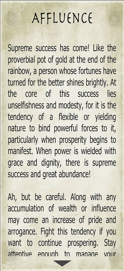 Visionary I Ching Oracle - Text description of the Affluence hexagram displayed on a parchment background in the Visionary I Ching Oracle app.