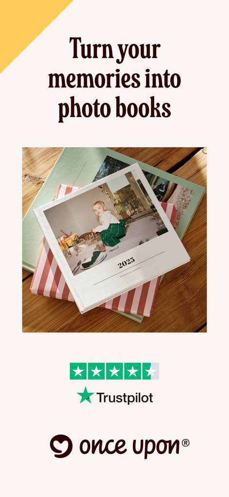 Once Upon | Photo book Creator - Once Upon app promotional image showing a minimalist photo book with a child on the cover and a Trustpilot rating