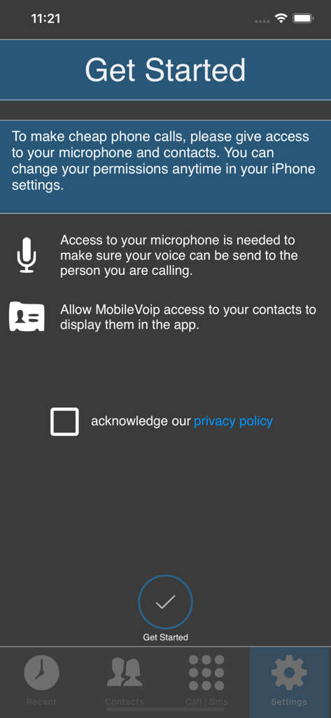 MobileVOIP app onboarding screen requesting microphone and contacts permissions.