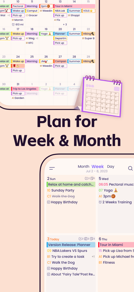 Planner Pro - Daily Planner - Interface of Planner Pro app showing monthly and weekly calendar views for organizing tasks and events.