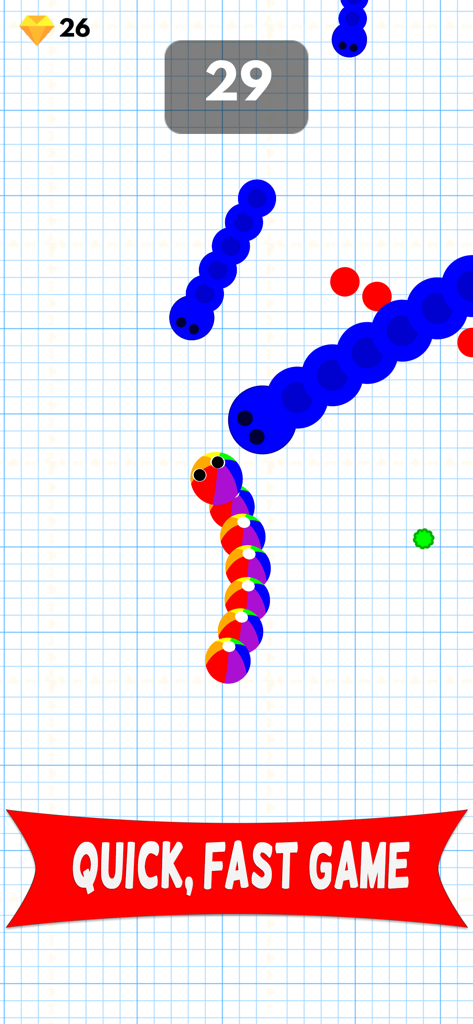 Gameplay screenshot of Eat Snakes showing a colorful rainbow worm and blue snakes in a grid arena