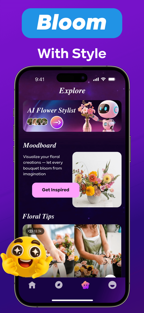 Florra：Video，Chat Fun - 꽃 애호가를 위한 AI 플라워 스타일리스트와 플로럴 무드보드 기능을 보여주는 Florra 앱 인터페이스.