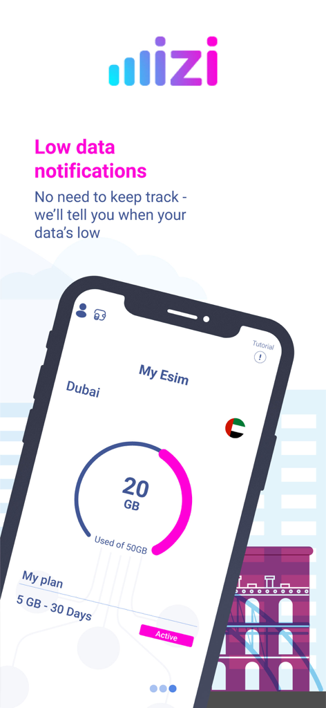 iZi connect - Interface do aplicativo iZi connect mostrando o rastreamento de uso de dados eSIM e notificações de dados baixos